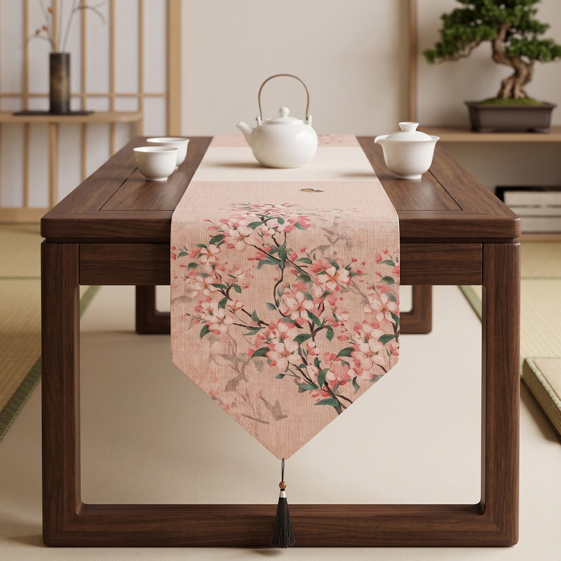 Chemin de table Ownkoti à motif de fleurs de pommier, style pictural - image 1