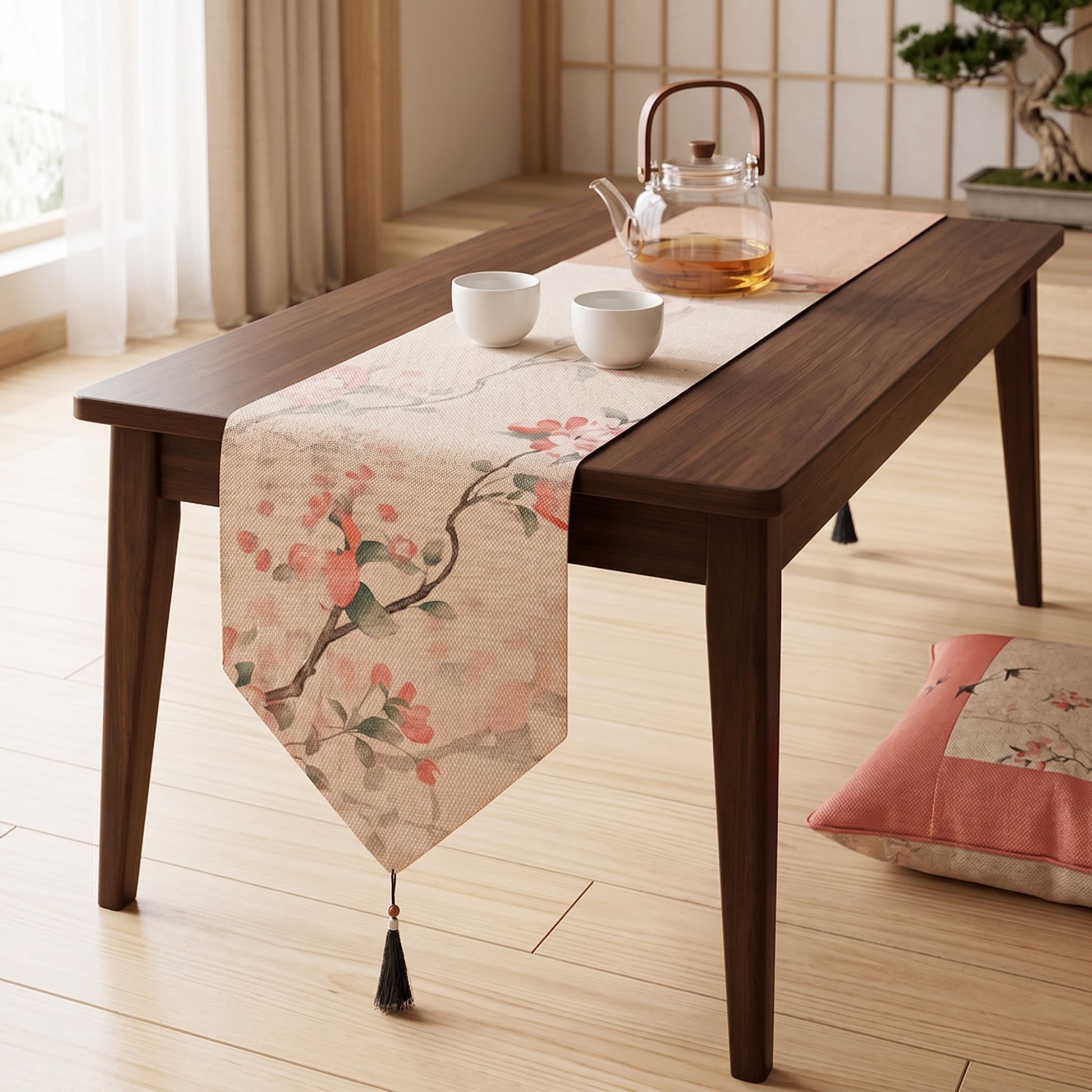 Chemin de table Ownkoti à motif de pommiers sauvages, d'oiseaux et de fleurs - image 1