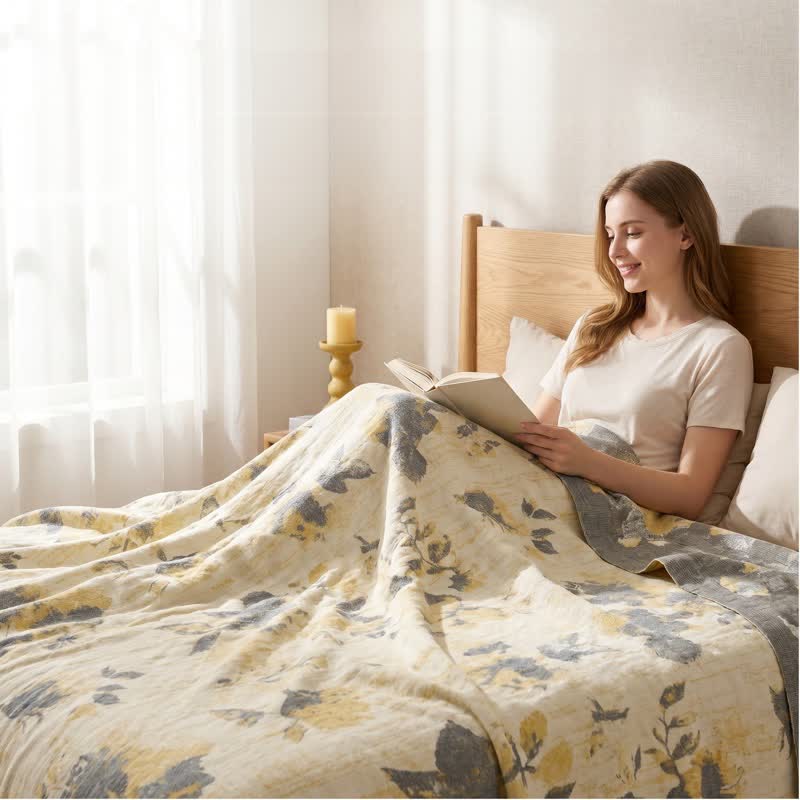 Couverture en coton jaune et gris à motif floral - image 3