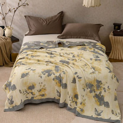 Couverture en coton jaune et gris à motif floral - reine - image 0