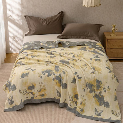 Couverture en coton jaune et gris à motif floral - image 2