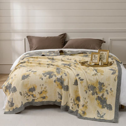 Couverture en coton jaune et gris à motif floral - image 1