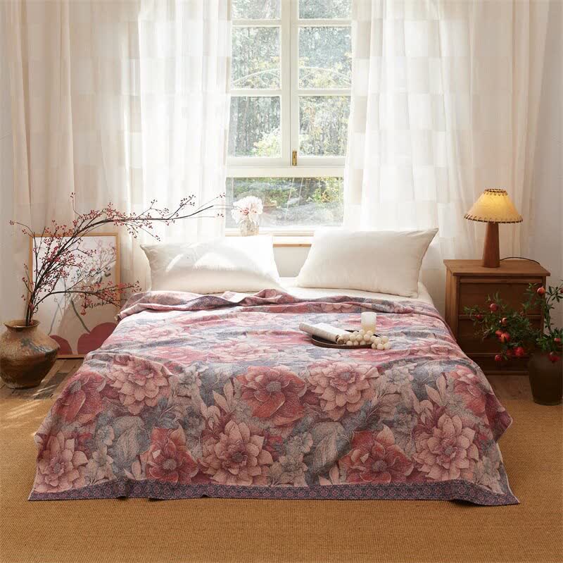 Couverture matelassée en coton rose luxueux à motif floral - reine - image 0