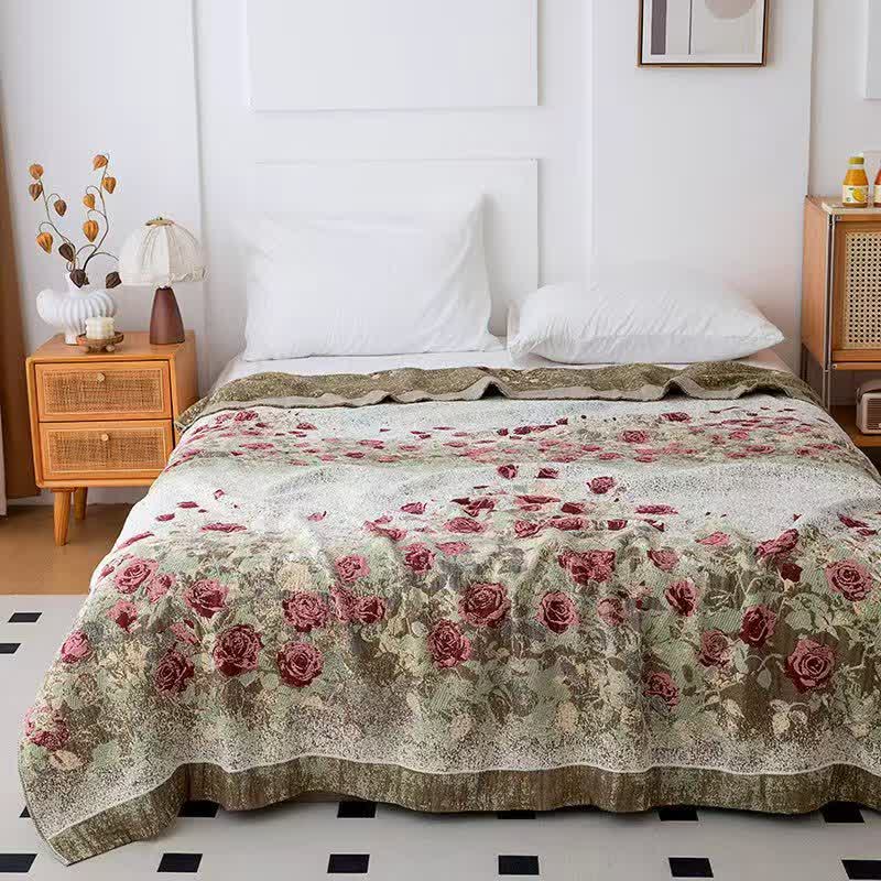 Couverture matelassée vintage en mousseline de coton à motif de roses - reine - image 0