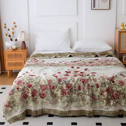 Couverture matelassée vintage en mousseline de coton à motif de roses - reine - image 0