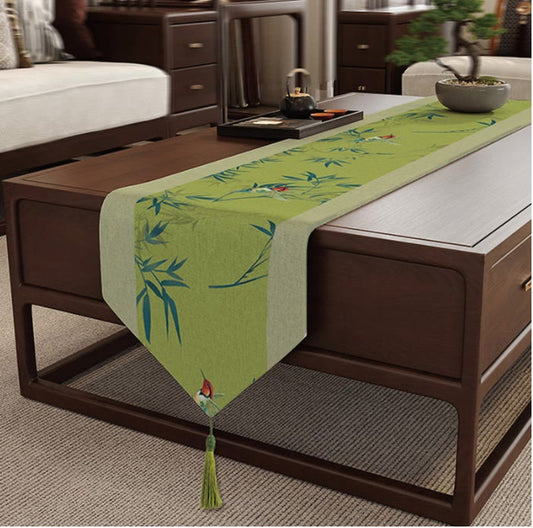 Chemin de table Ownkoti vert bambou et oiseaux - Vert - 12" × 102" - image 0