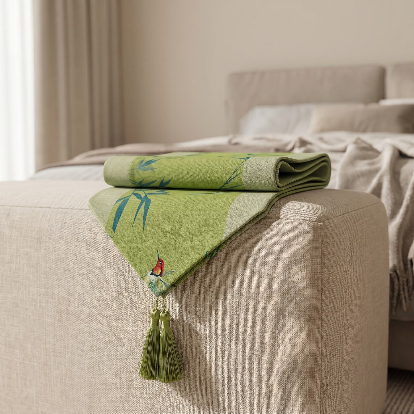 Chemin de table Ownkoti vert bambou et oiseaux - image 3