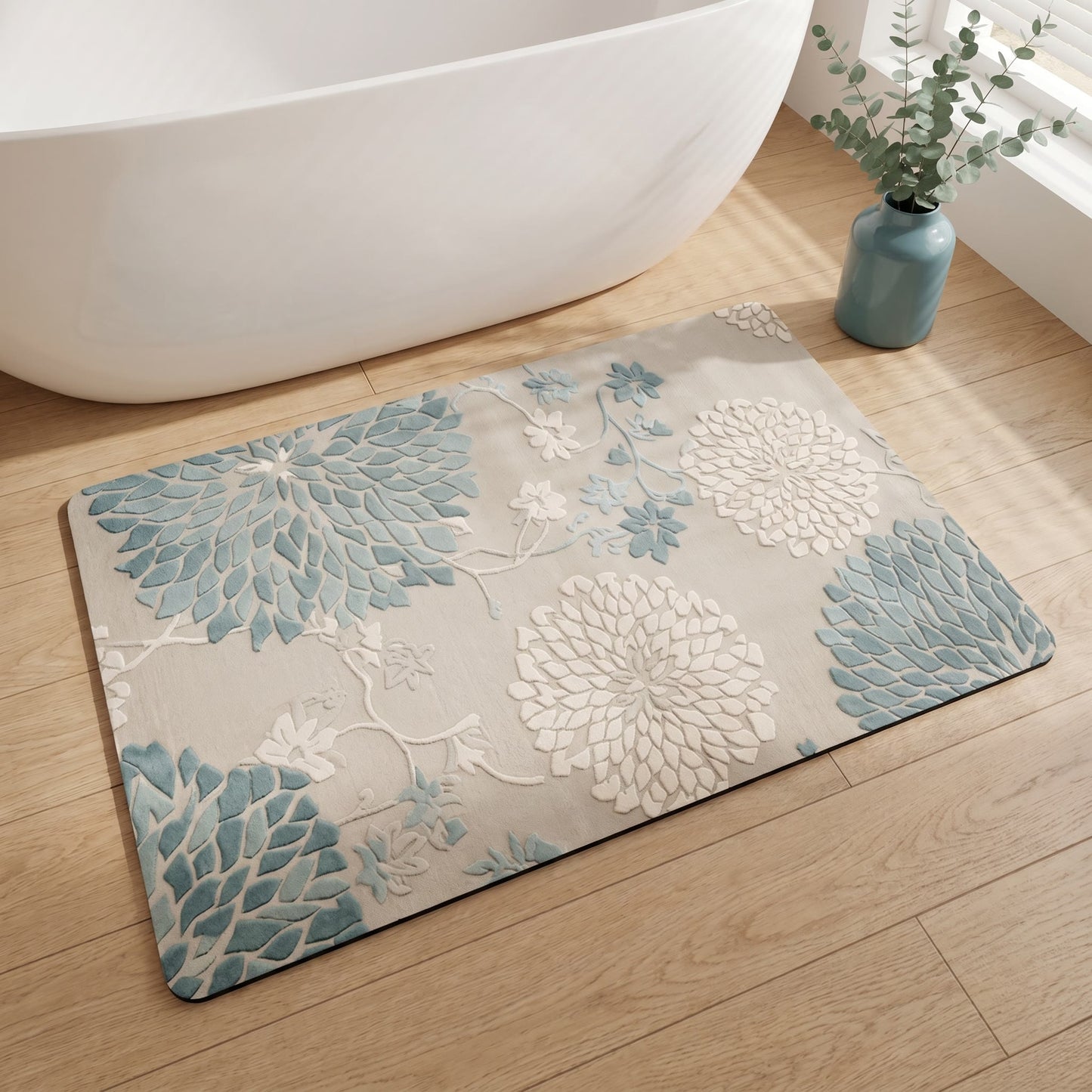Tapis de bain antidérapant Ownkoti bleu vintage à motif floral - image 2