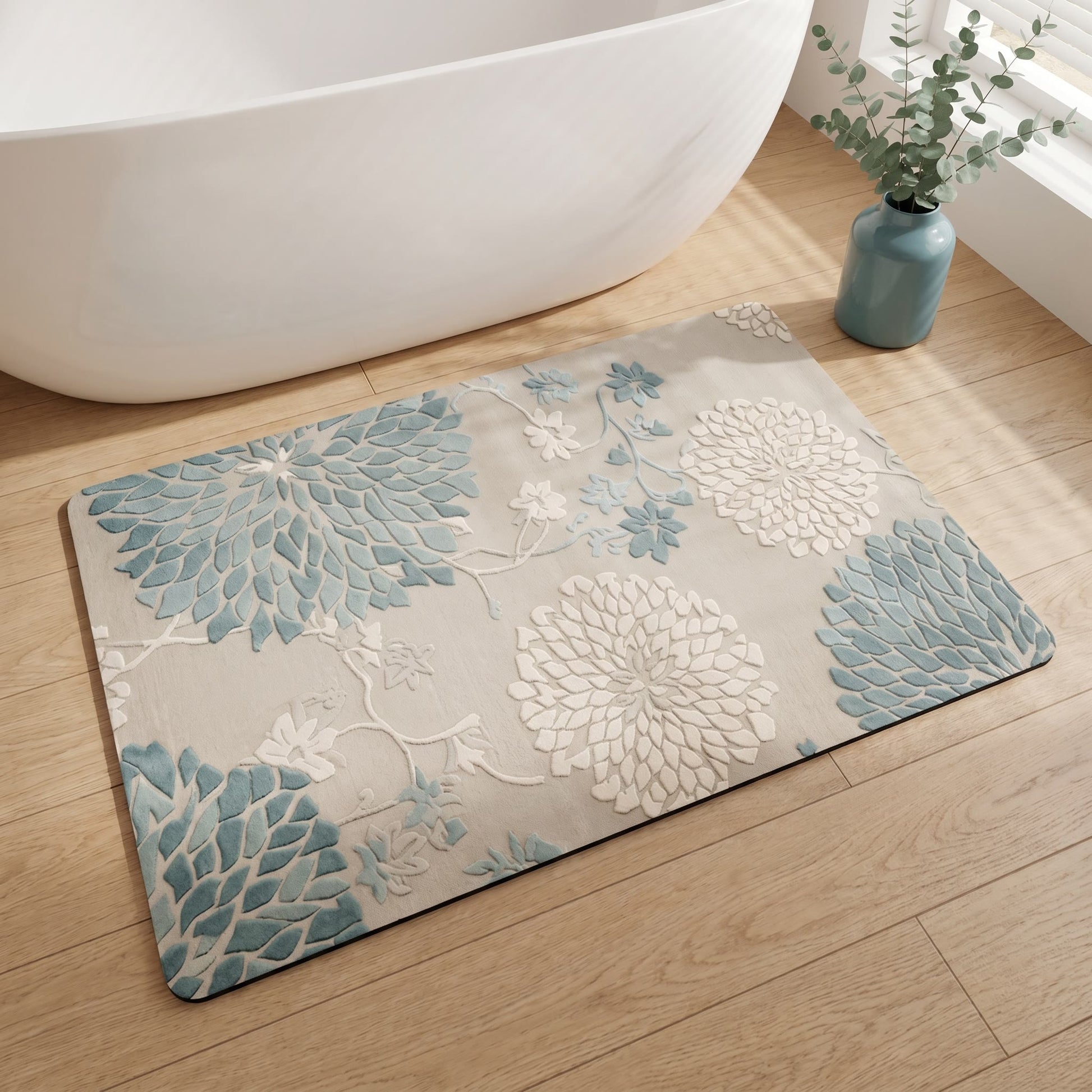 Tapis de bain antidérapant Ownkoti bleu vintage à motif floral - image 2
