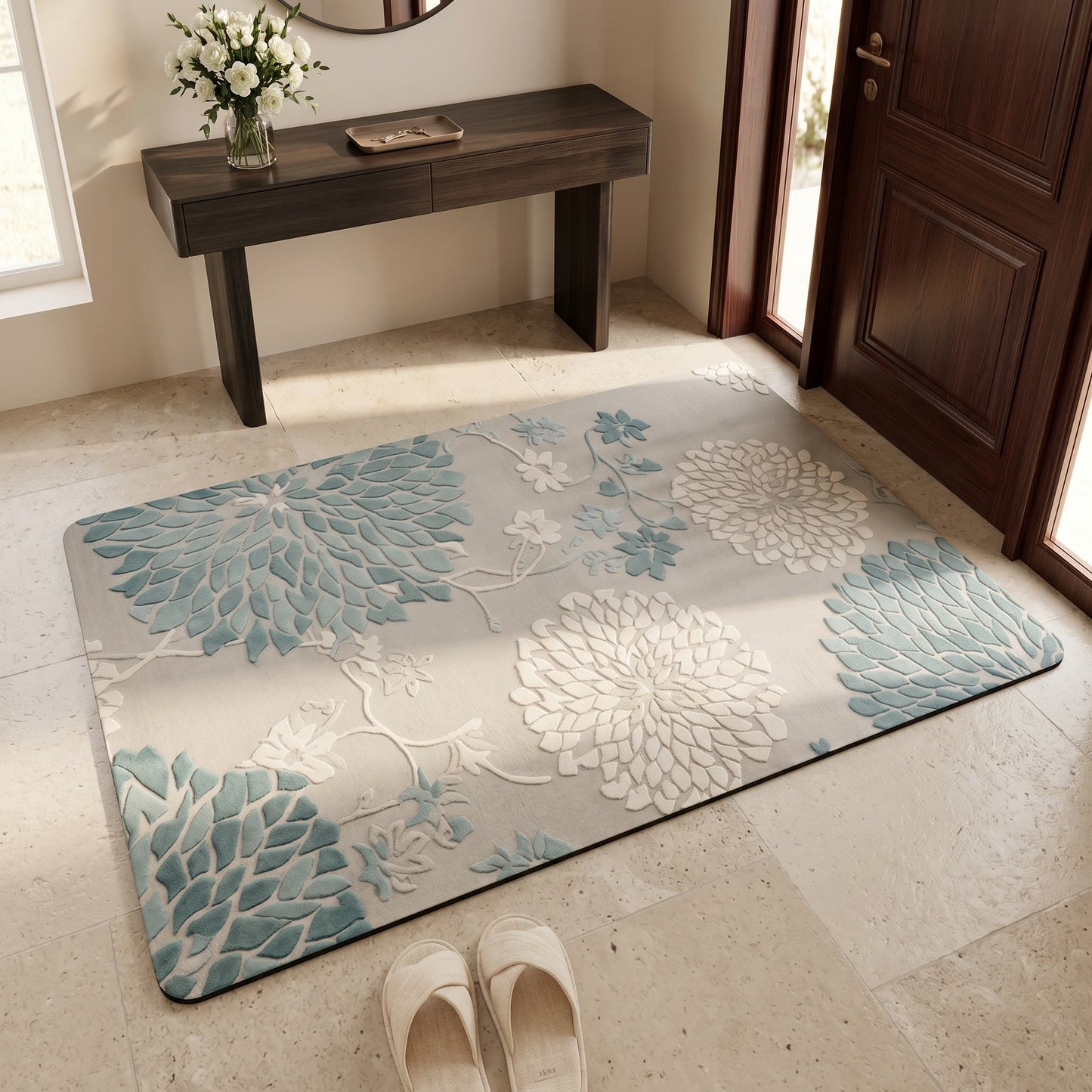 Tapis de bain antidérapant Ownkoti bleu vintage à motif floral - image 1