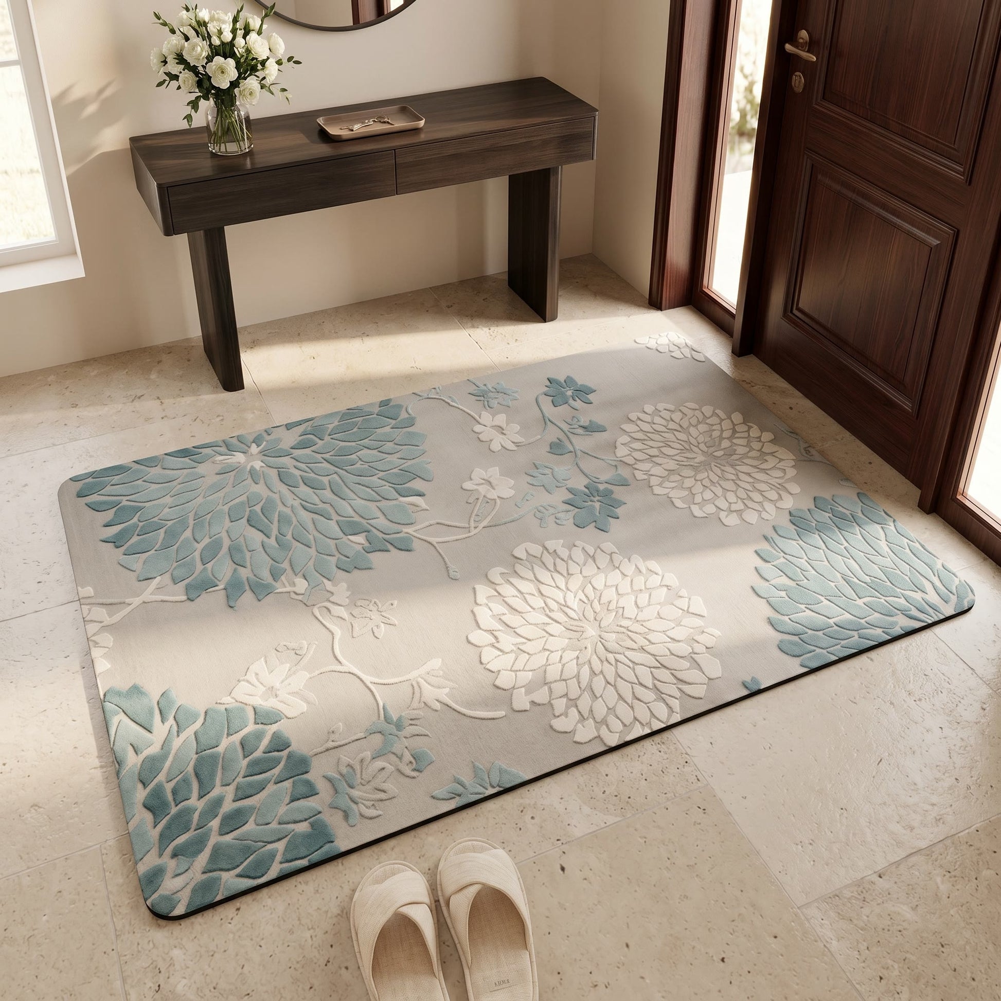 Tapis de bain antidérapant Ownkoti bleu vintage à motif floral - image 1