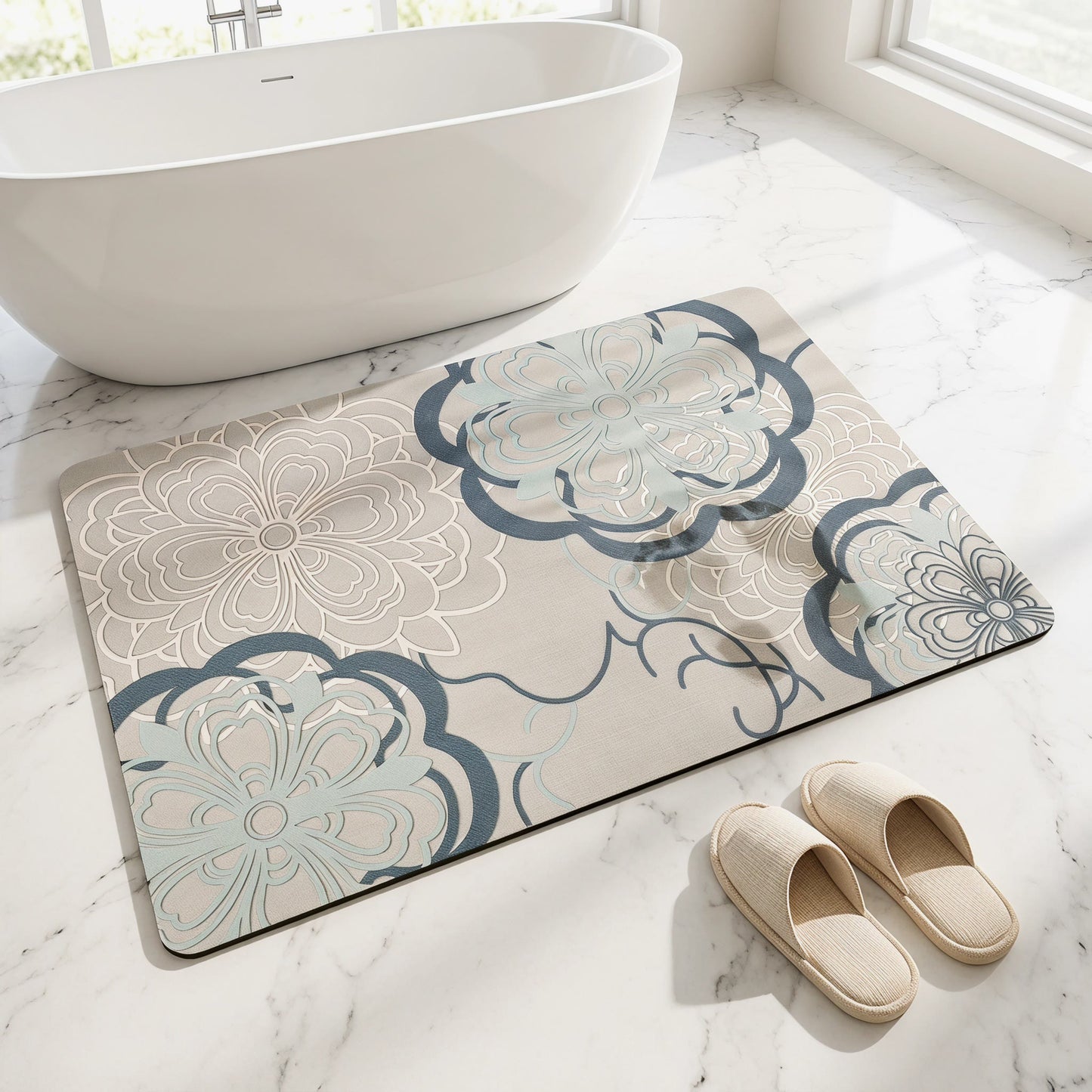 Tapis de bain Ownkoti bleu clair à motif floral filigrané - image 1