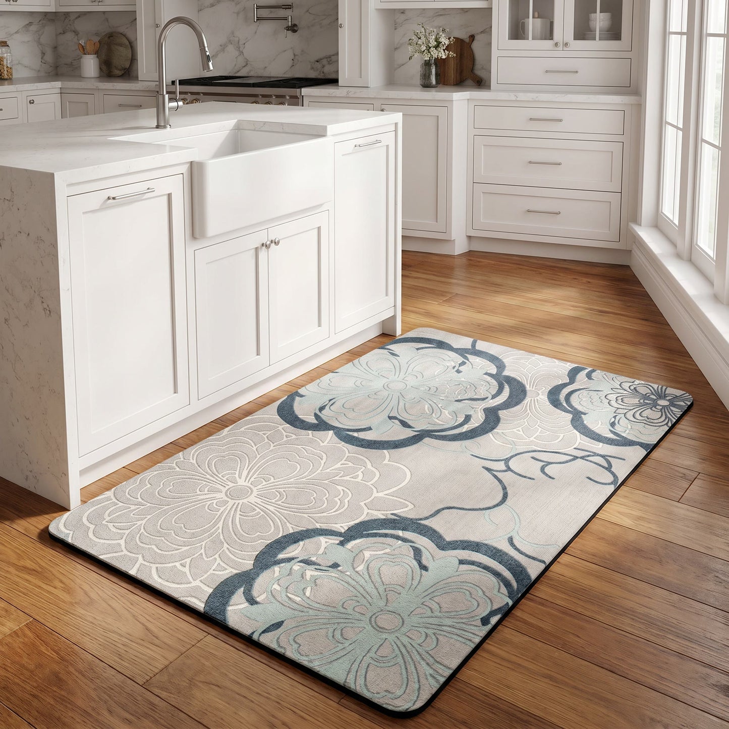 Tapis de bain Ownkoti bleu clair à motif floral filigrané - image 2