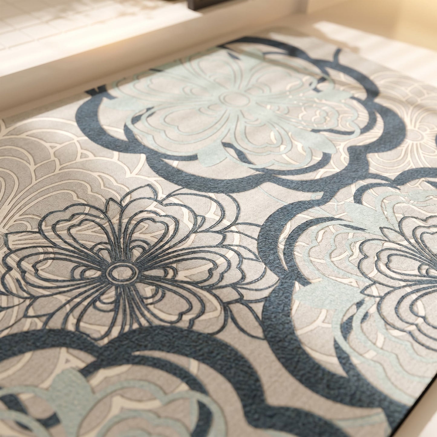 Tapis de bain Ownkoti bleu clair à motif floral filigrané - image 4