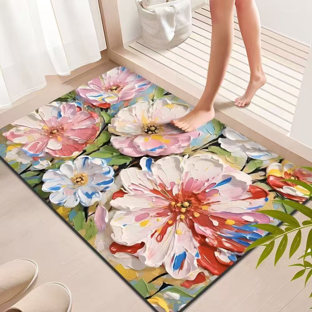 Tapis de salle de bain à motifs floraux peints à l'huile avec des couleurs vibrantes d'Ownkoti - 31" × 47" - image 0