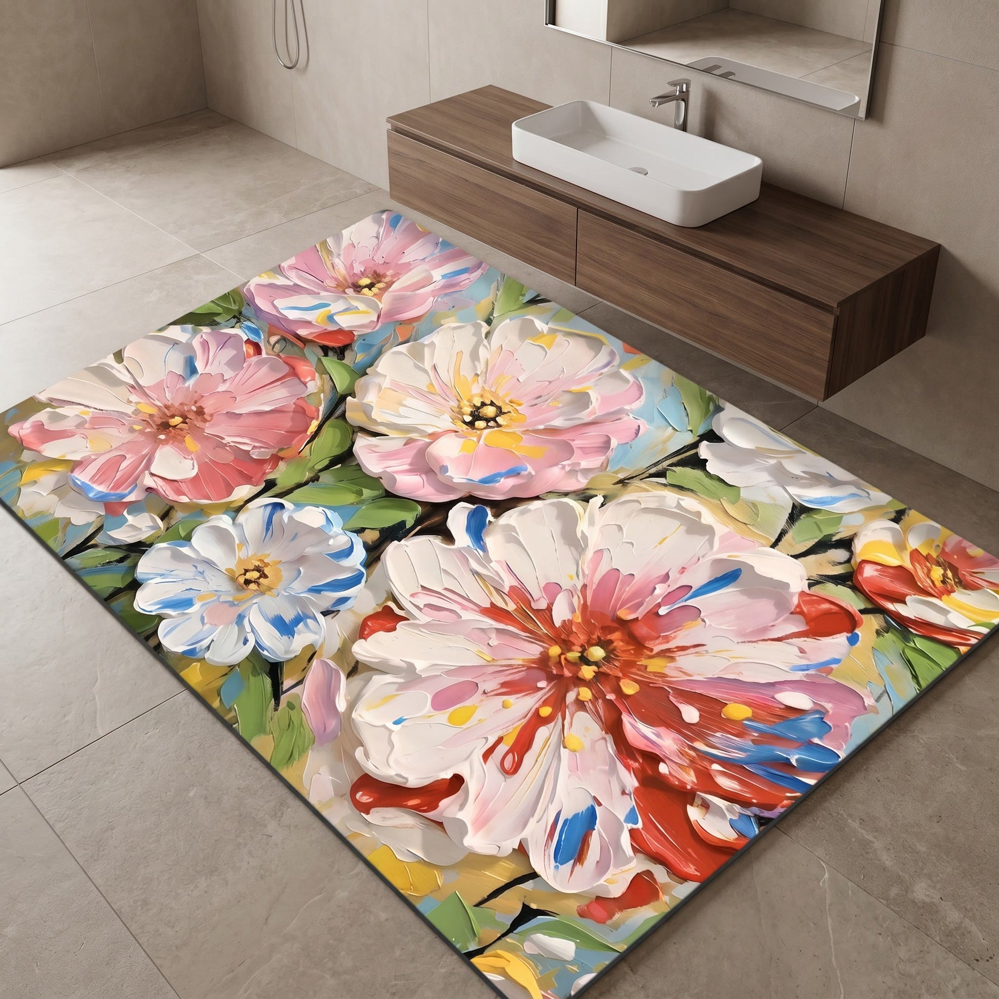 Tapis de salle de bain à motifs floraux peints à l'huile avec des couleurs vibrantes d'Ownkoti - image 1