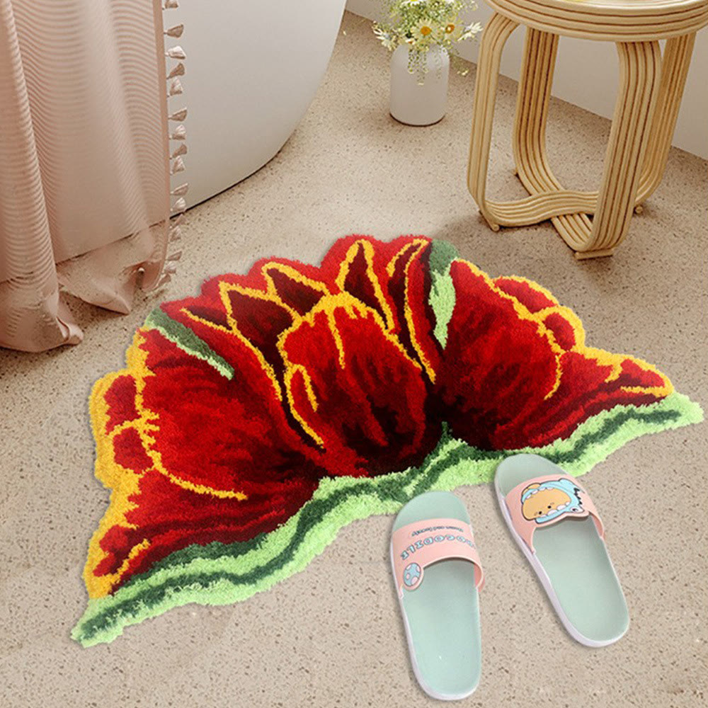 Tapis de bain en peluche Ownkoti rose et rouge en forme de tulipe - 18" × 31" - Rouge - image 2