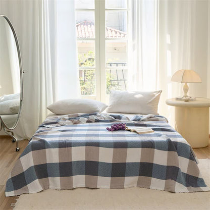 Couette en gaze de coton à carreaux multicolores Ownkoti - Bleu - Reine - image 0