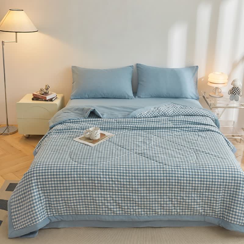 Couette en gaze de coton à carreaux vichy classique Ownkoti - Bleu - Roi - image 0