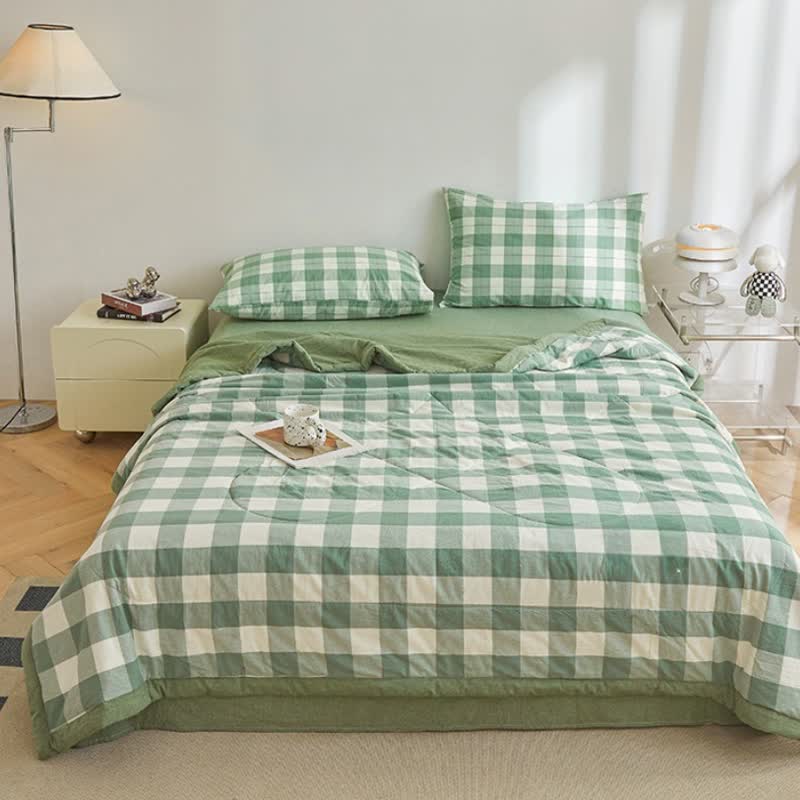 Couette en gaze de coton à carreaux vichy neutres Ownkoti - Vert - Roi - image 0