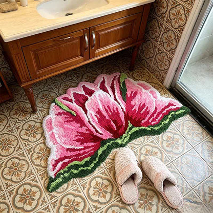 Tapis de bain en peluche Ownkoti rose et rouge en forme de tulipe - image 1
