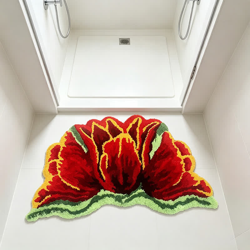 Tapis de bain en peluche Ownkoti rose et rouge en forme de tulipe - image 3