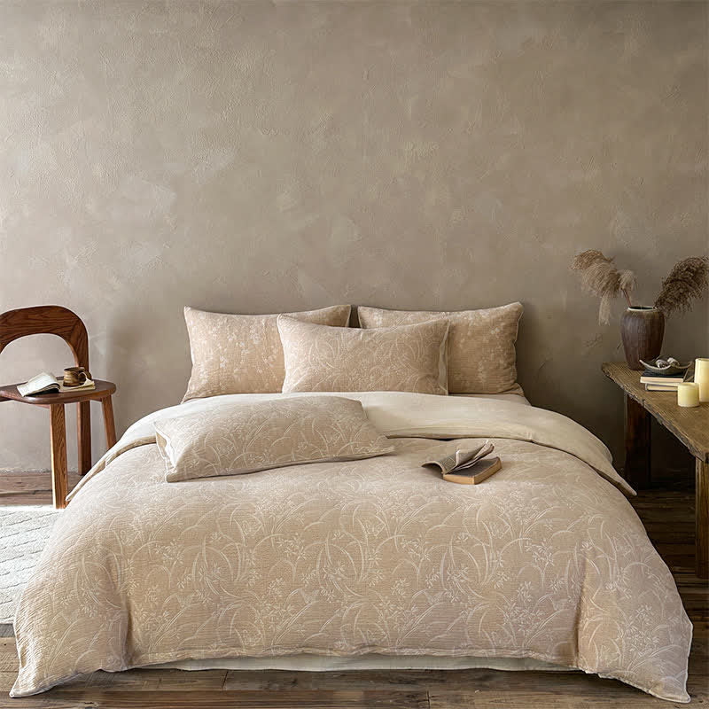 Ensemble de literie en coton jacquard botanique beige Ownkoti - Chameau - Drap-housse - Roi - image 0