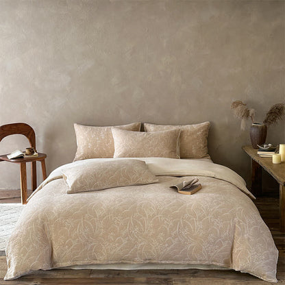 Ensemble de literie en coton jacquard botanique beige Ownkoti - Chameau - Drap-housse - Roi - image 0
