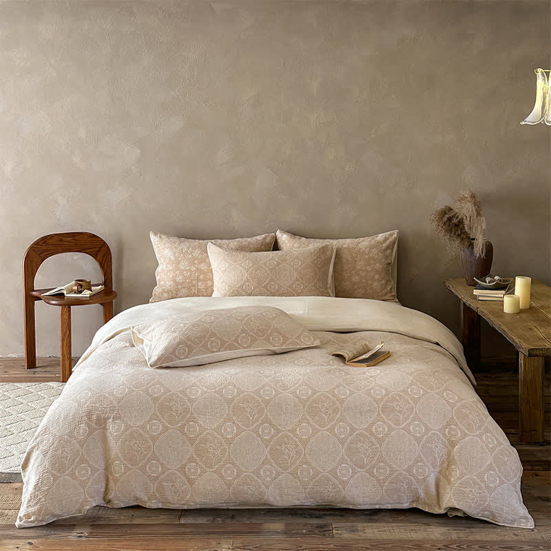 Ensemble de literie Ownkoti Camel à motif floral géométrique en coton jacquard. - Chameau - Drap-housse - Roi - image 0