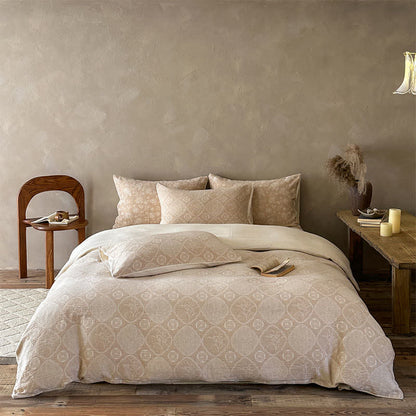 Ensemble de literie Ownkoti Camel à motif floral géométrique en coton jacquard. - Chameau - Drap-housse - Roi - image 0