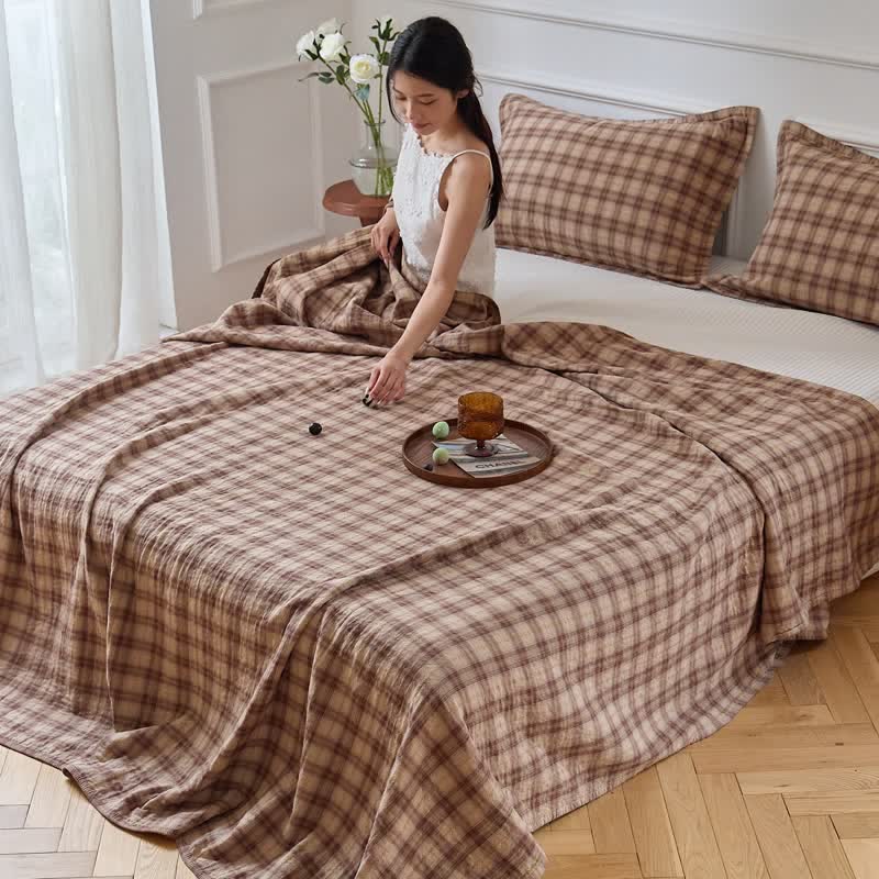 Ensemble de literie en coton à carreaux rétro aux tons naturels Ownkoti - Kaki - Couette avec 2 taies d'oreiller - Roi - image 6