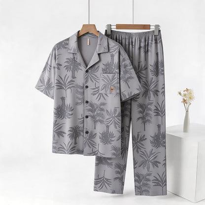 Ensemble de détente en coton Ownkoti avec boutons en palmier tropical - Gris clair - 3XL - image 0