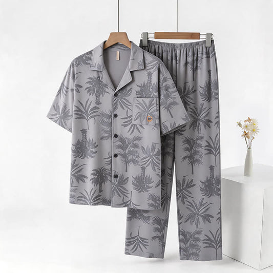 Ensemble de détente en coton Ownkoti avec boutons en palmier tropical - Gris clair - 3XL - image 0