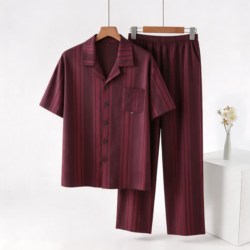 Ensemble de détente Ownkoti en coton bordeaux à rayures verticales - Rouge - 3XL - image 0