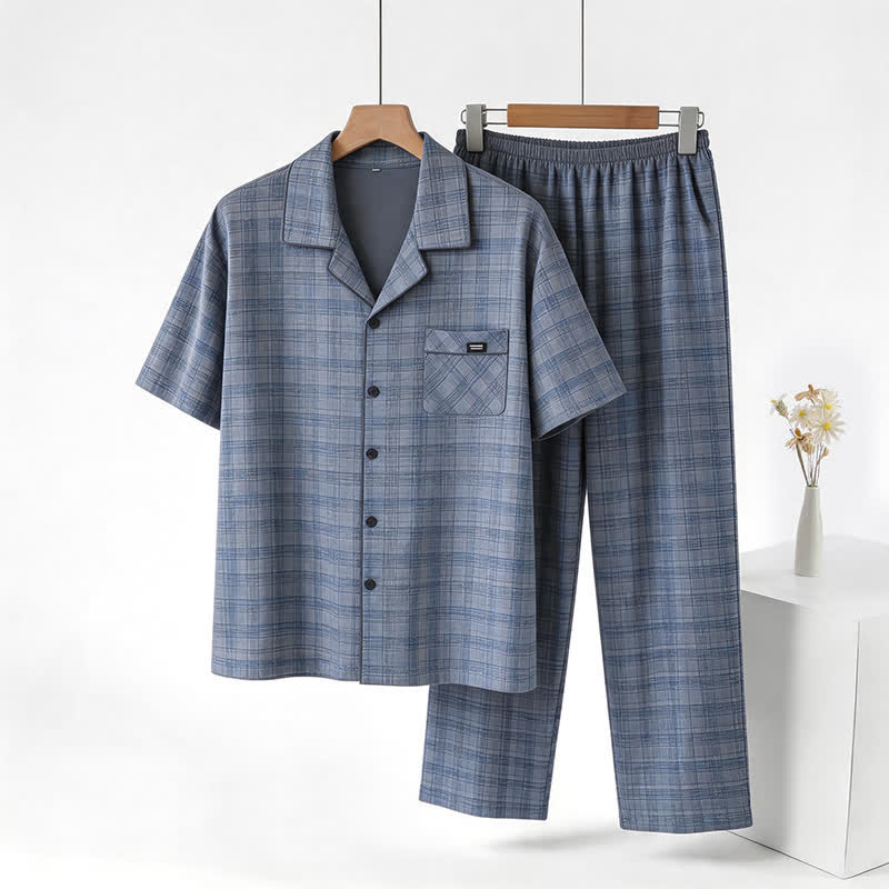 Ensemble de vêtements d'intérieur à boutons en coton à carreaux bleu-gris Ownkoti - Bleu - 3XL - image 0