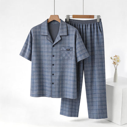 Ensemble de vêtements d'intérieur à boutons en coton à carreaux bleu-gris Ownkoti - Bleu - 3XL - image 0