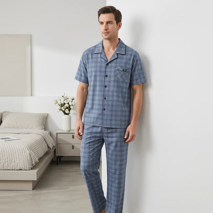 Ensemble de vêtements d'intérieur à boutons en coton à carreaux bleu-gris Ownkoti - image 2