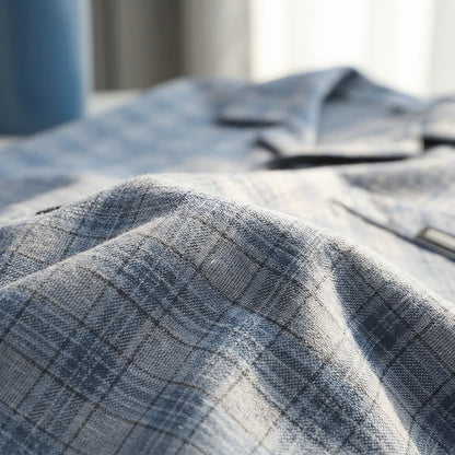 Ensemble de vêtements d'intérieur à boutons en coton à carreaux bleu-gris Ownkoti - image 7