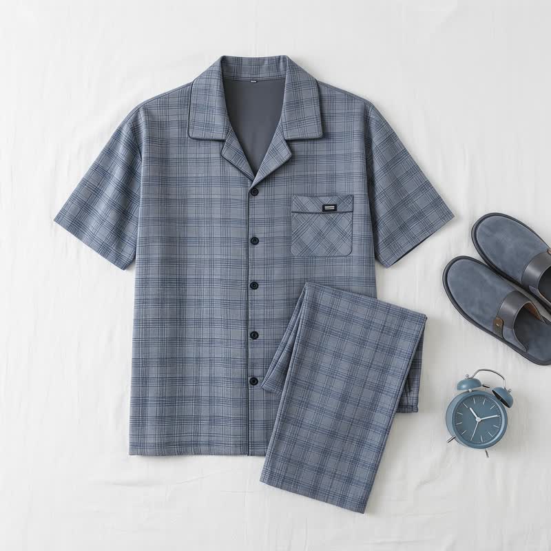 Ensemble de vêtements d'intérieur à boutons en coton à carreaux bleu-gris Ownkoti - image 1