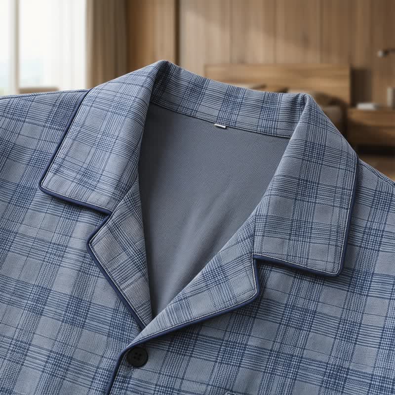 Ensemble de vêtements d'intérieur à boutons en coton à carreaux bleu-gris Ownkoti - image 5