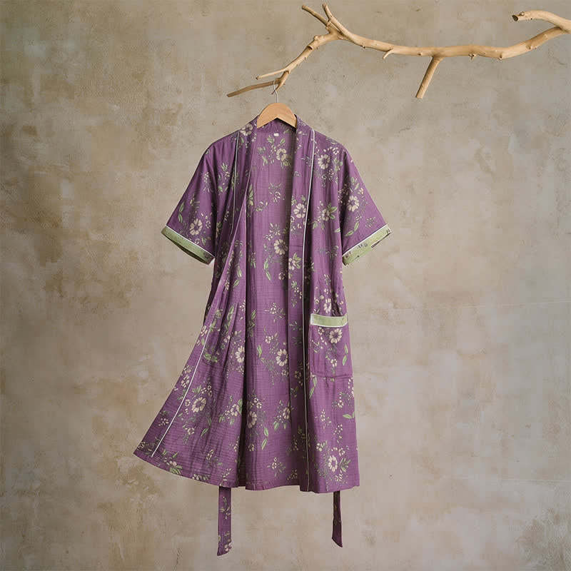 Kimono vintage en coton violet à fleurs Ownkoti - XL - image 0