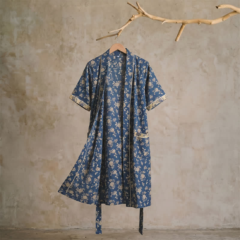 Kimono vintage bleu indigo à motif floral Ownkoti - XL - image 0