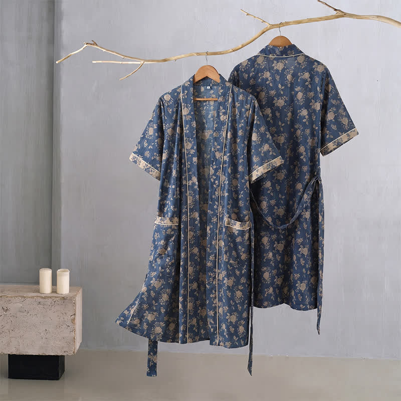 Kimono vintage bleu indigo à motif floral Ownkoti - image 2