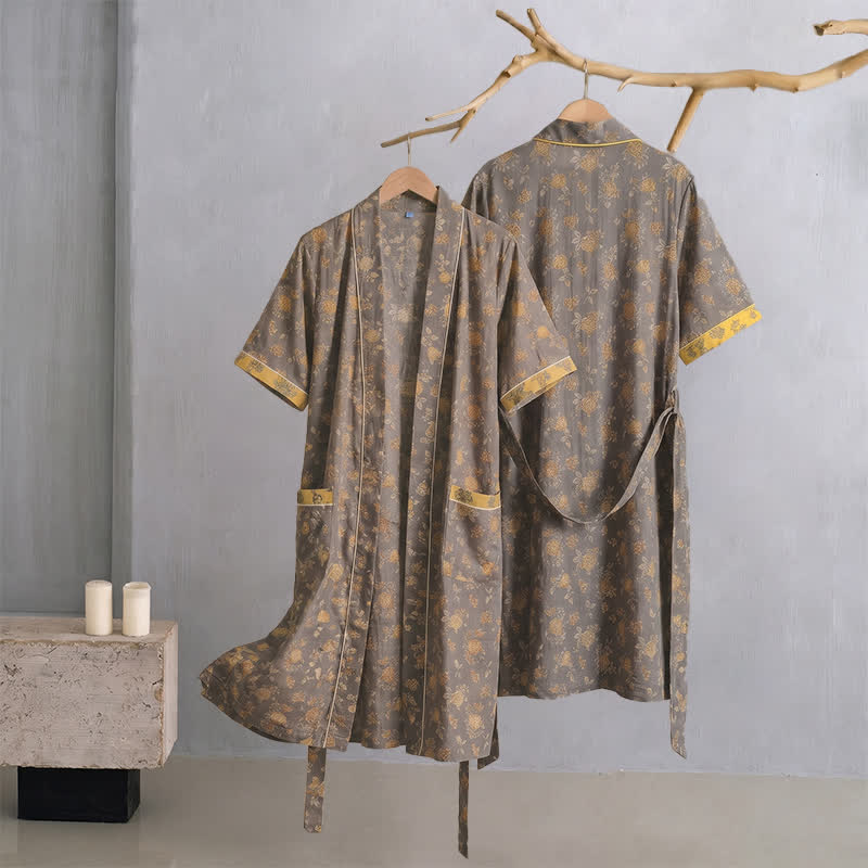 Peignoir kimono vintage à fleurs jaune taupe Ownkoti - XL - image 0