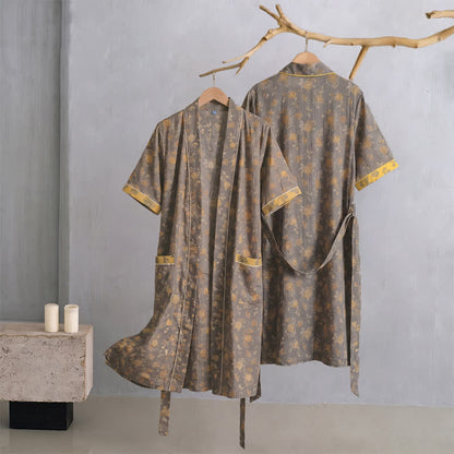 Peignoir kimono vintage à fleurs jaune taupe Ownkoti - XL - image 0