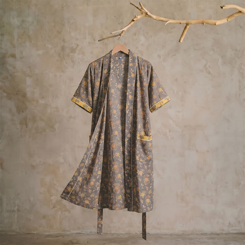 Peignoir kimono vintage à fleurs jaune taupe Ownkoti - image 1