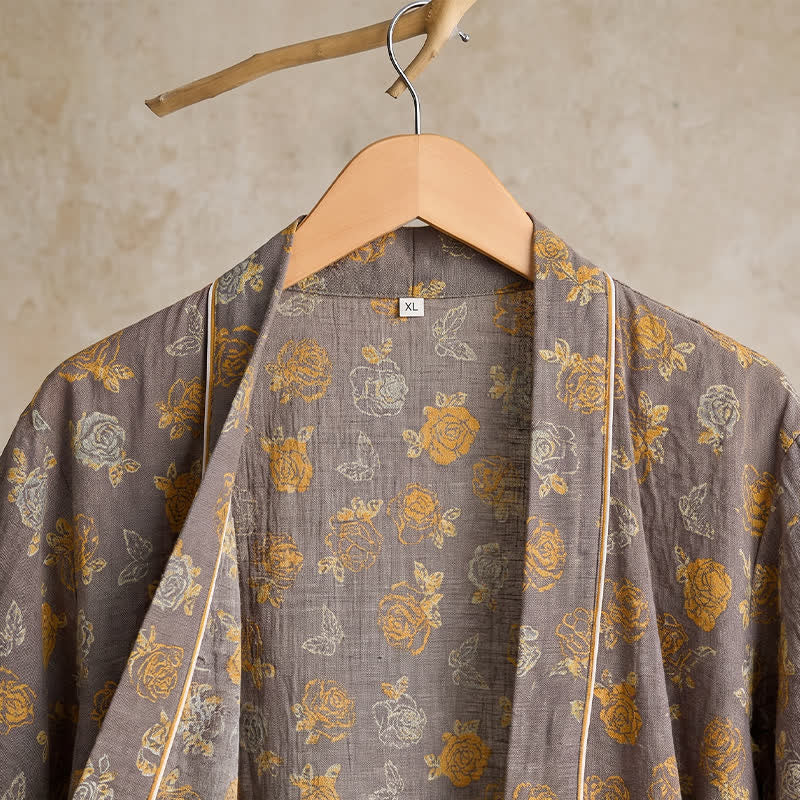 Peignoir kimono vintage à fleurs jaune taupe Ownkoti - image 3