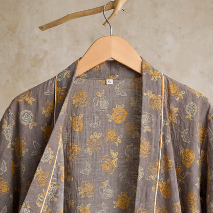 Peignoir kimono vintage à fleurs jaune taupe Ownkoti - image 3