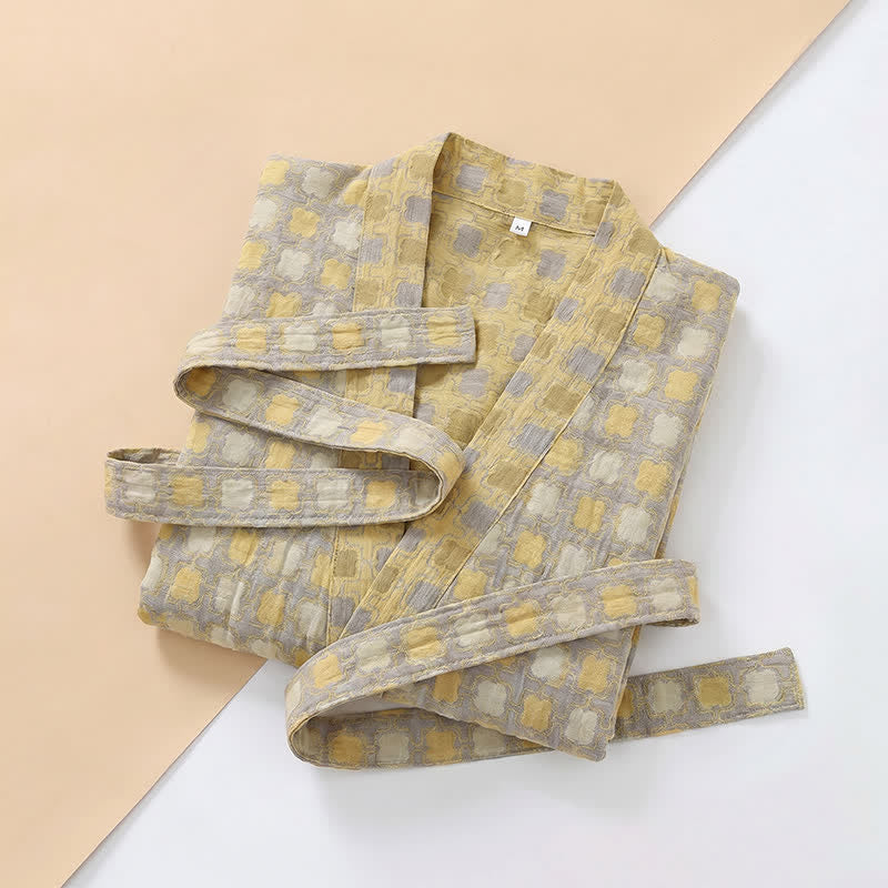 Peignoir kimono Ownkoti en coton doux jaune et gris à carreaux - image 8