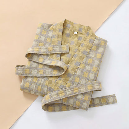 Peignoir kimono Ownkoti en coton doux jaune et gris à carreaux - image 8
